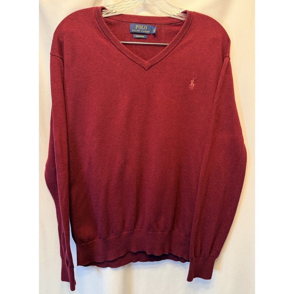 Polo Ralph Lauren Size Large V-Neck Sweater 100% Pima Cotton Burgundy Pony